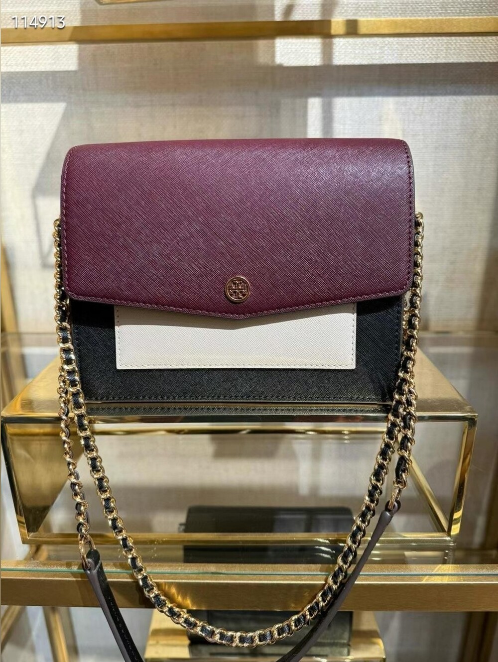 Tory Burch Robinson Burgundy Black Cream Colorblock Chain Crossbody